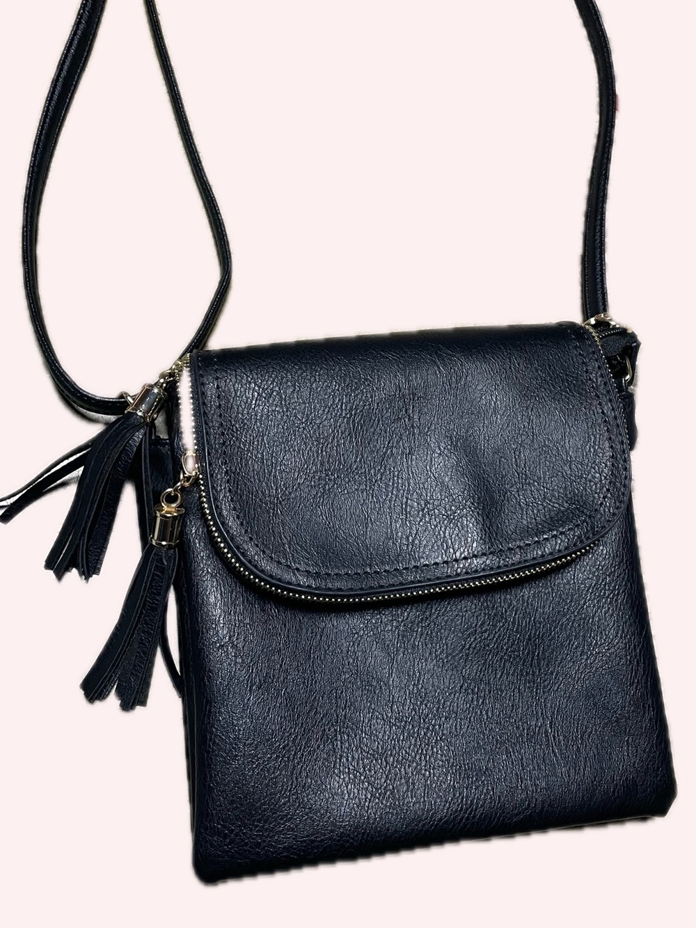 Classic Black Crossbody Bag w/Celestial Designed Fabric Interior - Sleek